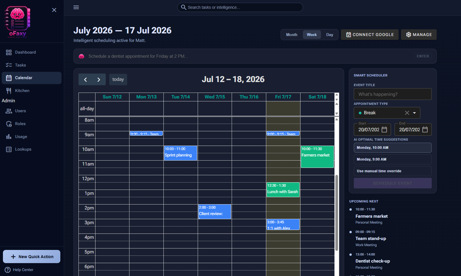 oFaxy weekly calendar with colour-coded appointments and the Smart Scheduler side panel