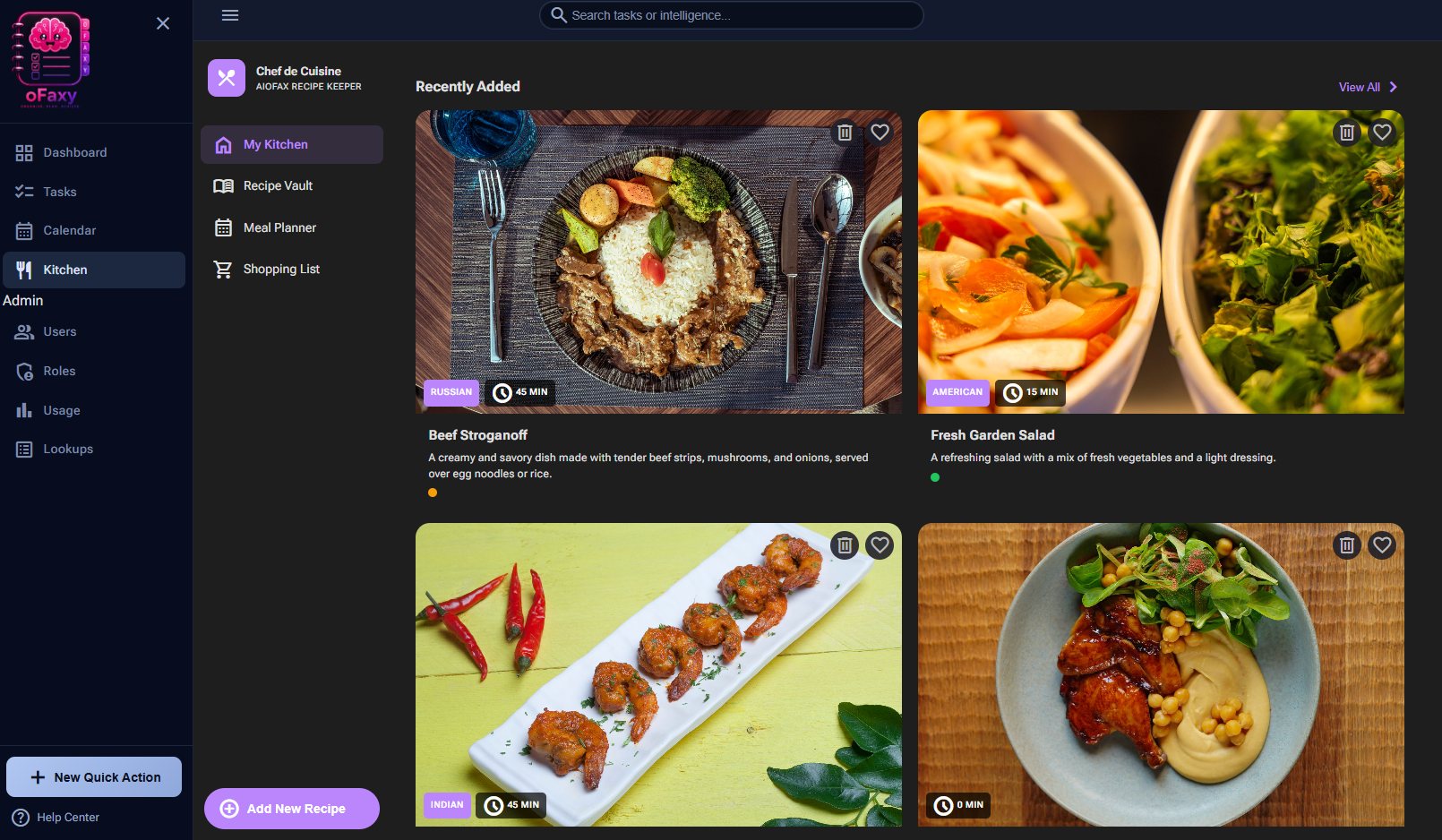 oFaxy kitchen showing recently added recipe cards with photos, cuisine tags, and cooking times