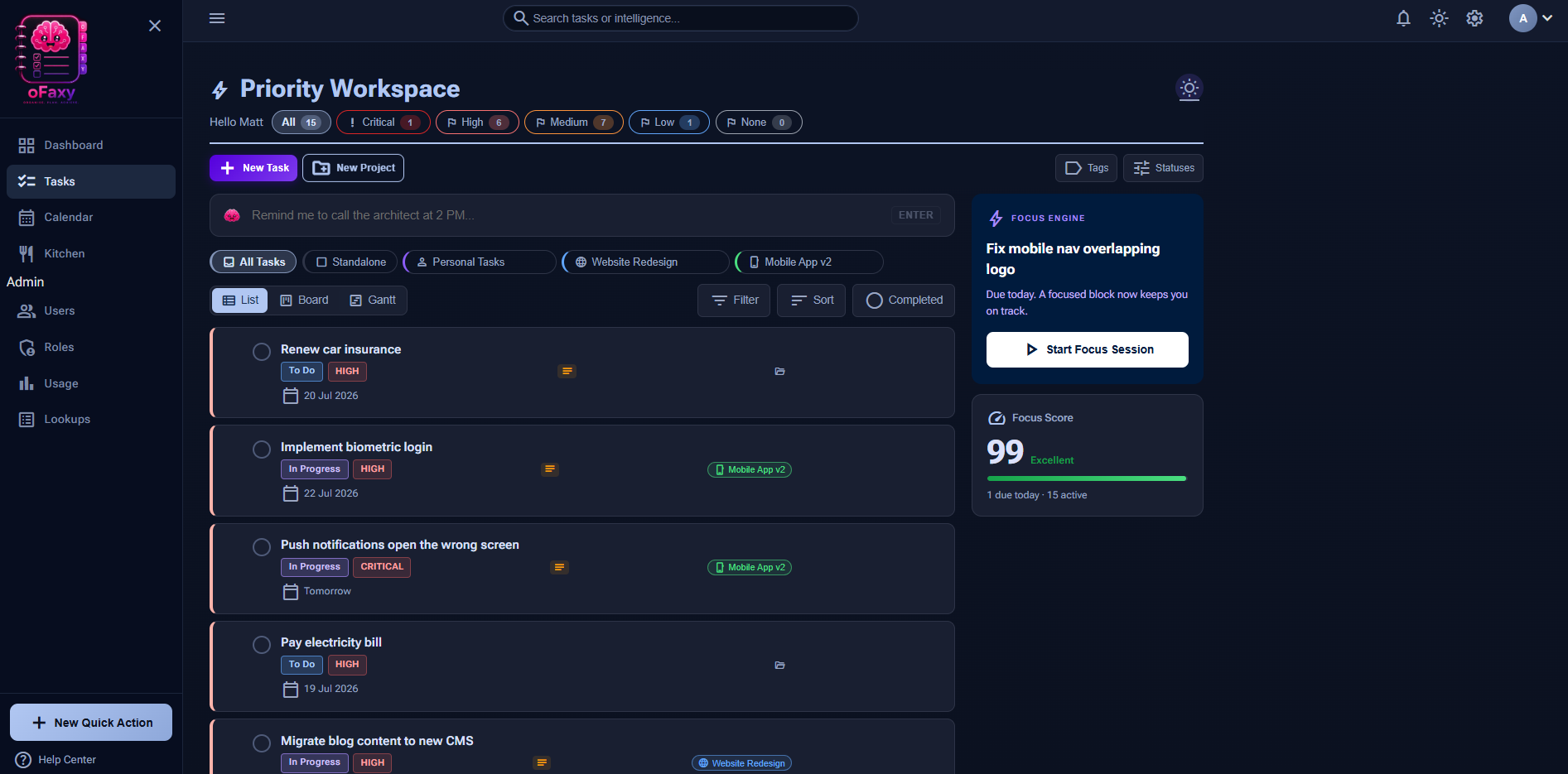 oFaxy priority workspace listing tasks with statuses, priorities, projects, and a focus score
